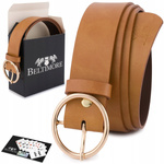 Skórzany pasek damski do spodni sukienki camelowy skóra nat. 3,5 cm Beltimore B86 : Kolory - brązowy, beżowy, Rozmiar pasków - r.90-105 cm