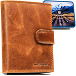 Pionowy portfel męski ze skóry naturalnej w brązowym kolorze zamykany na zatrzask - Peterson