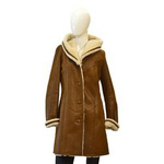 Skórzany Kożuch damski z kapturem na guziki ciepły przed kolano Bukowski