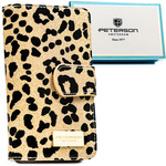 Złoty, pionowy portfel damski ze skóry ekologicznej i naturalnej w cętki, wyposażony w system RFID - Peterson