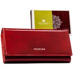 Elegancki portfel damski ze skóry naturalnej w czerwonym kolorze, zamykany zatrzaskiem i biglem - Peterson