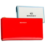 Czerwony, duży portfel damski ze skóry ekologicznej zamykany suwakiem i zatrzaskiem - Rovicky