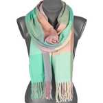 Miętowy Duży Szalik Damski bawełniany ciepły szal w kratę frędzle AX-13