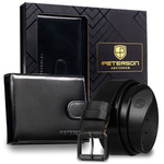 Zestaw prezentowy: skórzany, poziomy portfel męski w czarnym kolorze z systemem RFID i pasek ze skóry naturalnej - Peterson