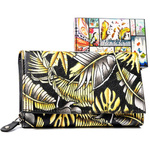 Rovicky Pojemny skórzany portfel damski na zatrzask roślinny wzór