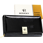 Duży, czarny, lakierowany portfel damski ze skóry naturalnej zamykany na zatrzask - Rovicky