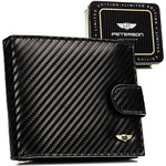 Poziomy portfel męski ze skóry naturalnej w czarnym kolorze wyposażony w system RFID, w zestawie z brelokiem - Peterson