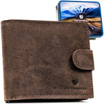 Poziomy portfel męski ze skóry naturalnej w brązowym kolorze zamykany na zatrzask, w zestawie z brelokiem - Peterson