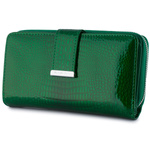 skórzany portfel damski lakierowany duży poziomy w piórka elegancki zielony Jennifer Jones E72