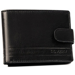 Duży, skórzany portfel męski w czarnym kolorze wyposażony w system RFID, zamykany zatrzaskiem - Rovicky