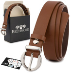 Skórzany pasek damski do spodni sukienki brązowa skóra nat 1,8 cm Beltimore O21 : Kolory - brązowy, beżowy, Rozmiar pasków - r.110-125 cm