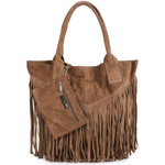 Torebka damska skórzana zamszowa A4 frędzel duża taupe L83